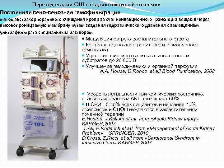 Переход стадии ОШ в стадию ожоговой токсемии Постоянная вено-венозная гемофильтрация метод экстракорпорального очищения крови