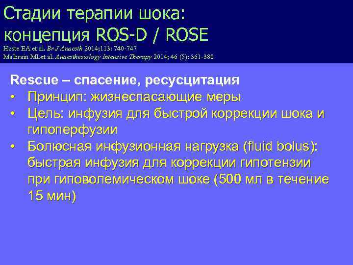 Стадии терапии шока: концепция ROS-D / ROSE Hoste EA et al. Br J Anaesth