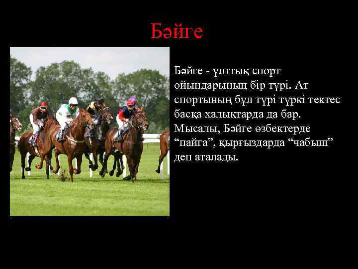 Бәйге - ұлттық спорт ойындарының бір түрі. Ат спортының бұл түрі түркі тектес басқа