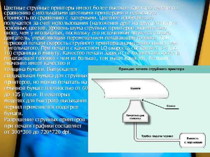 Цветные струйные принтеры имеют более высокое качество печати по сравнению с игольчатыми цветными принтерами