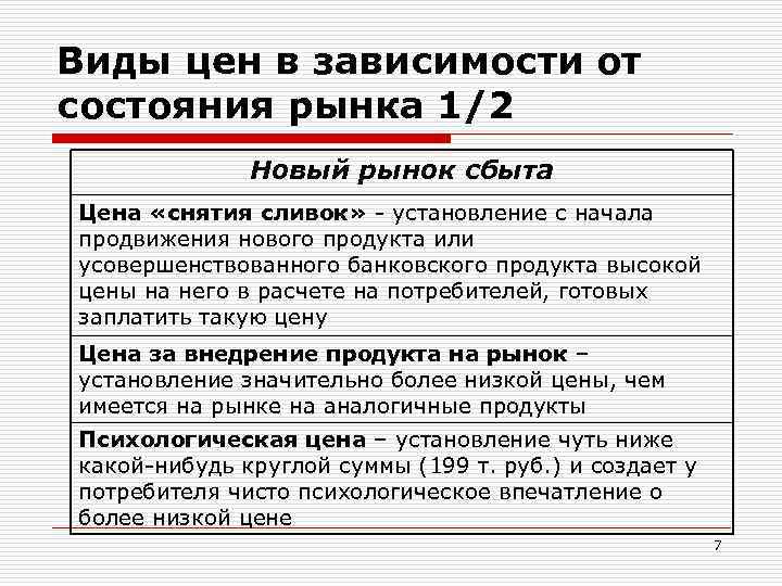 Виды цен в зависимости от состояния рынка 1/2 Новый рынок сбыта Цена «снятия сливок»