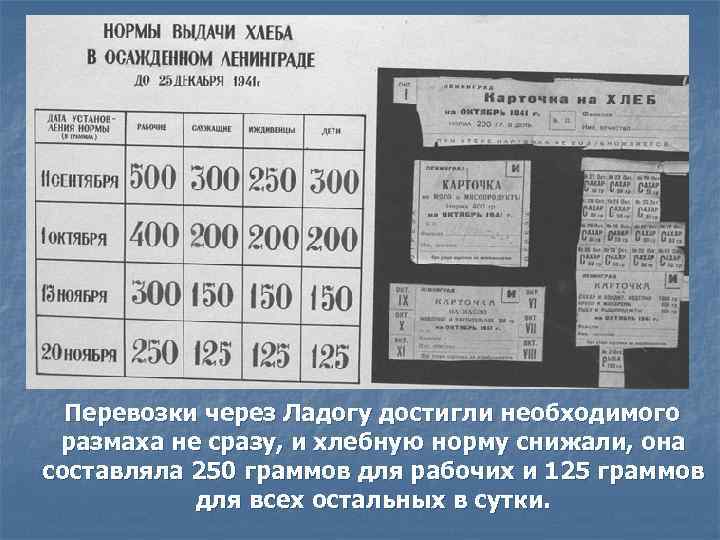 Перевозки через Ладогу достигли необходимого размаха не сразу, и хлебную норму снижали, она составляла
