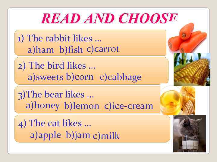 READ AND CHOOSE 1) The rabbit likes. . . a)ham b)fish c)carrot 2) The