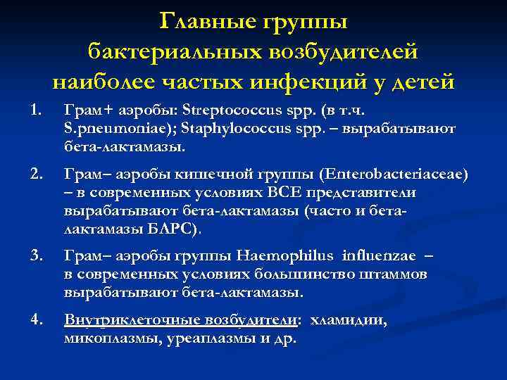 Главные группы бактериальных возбудителей наиболее частых инфекций у детей 1. Грам+ аэробы: Streptococcus spp.