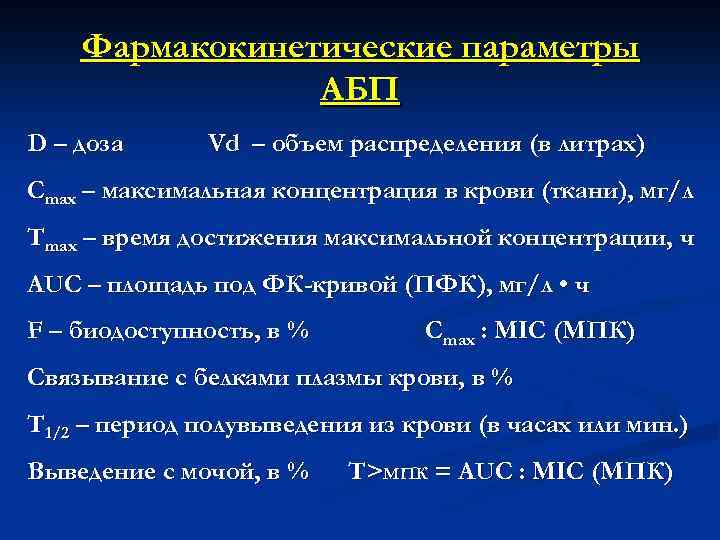 Фармакокинетические параметры АБП D – доза Vd – объем распределения (в литрах) Сmax –
