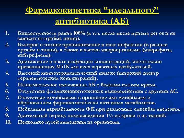 Фармакокинетика “идеального” антибиотика (АБ) 1. 2. 3. 4. 5. 6. 7. 8. 9. 10.
