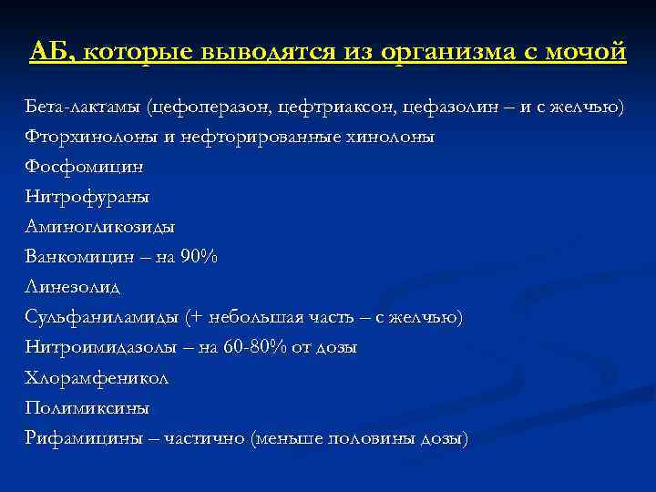 АБ, которые выводятся из организма с мочой Бета-лактамы (цефоперазон, цефтриаксон, цефазолин – и с