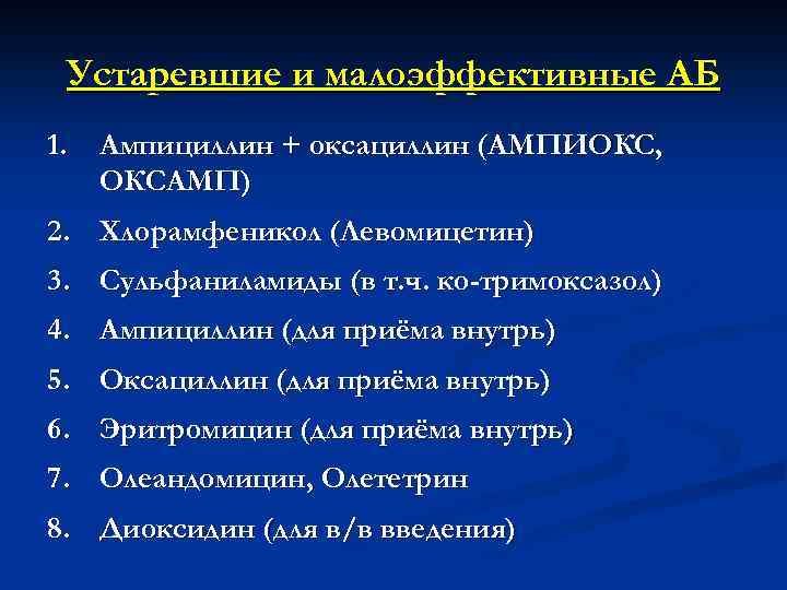 Устаревшие и малоэффективные АБ 1. Ампициллин + оксациллин (АМПИОКС, ОКСАМП) 2. Хлорамфеникол (Левомицетин) 3.