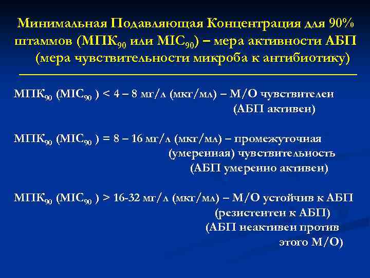 Минимальная Подавляющая Концентрация для 90% штаммов (МПК 90 или МIC 90) – мера активности