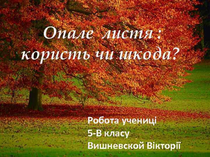 Опале листя : користь чи “Опале листя : шкода? ““ шкода? ” Робота учениці