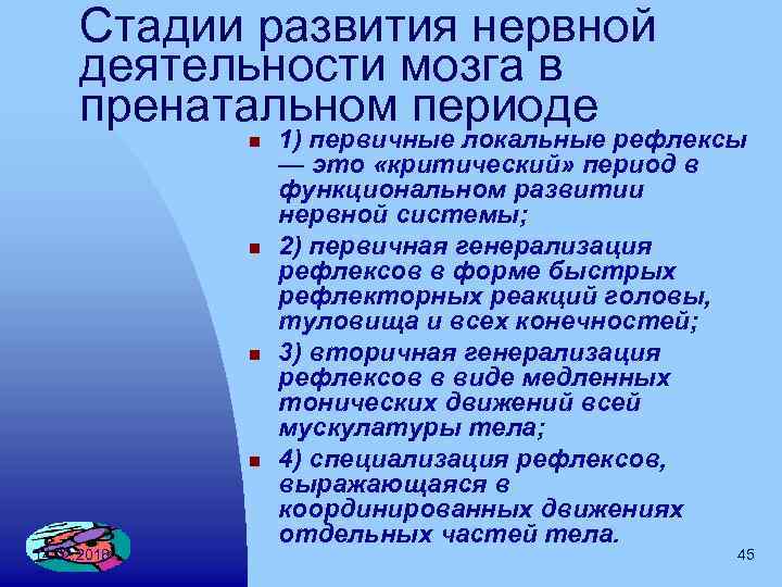 Стадии развития нервной деятельности мозга в пренатальном периоде n n 14. 02. 2018 1)