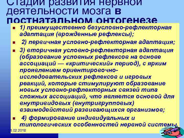 Стадии развития нервной деятельности мозга в постнатальном онтогенезе 1) преимущественно безусловно-рефлекторная n n адаптация