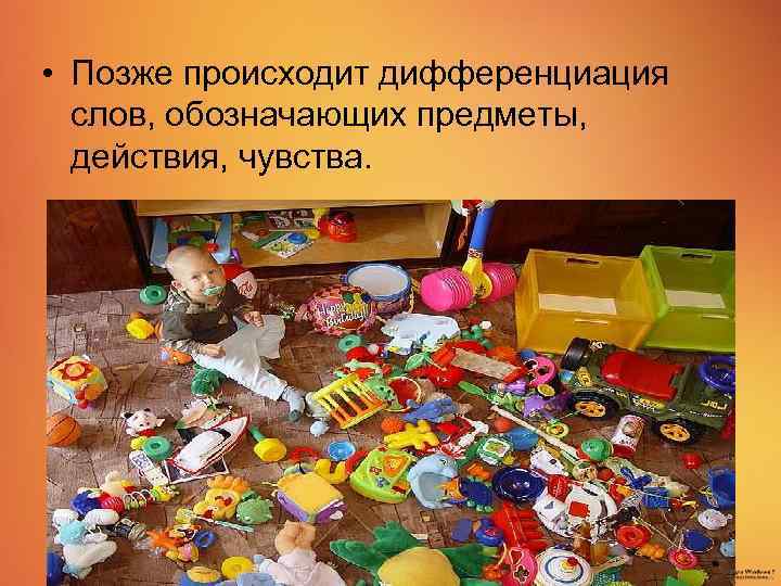  • Позже происходит дифференциация слов, обозначающих предметы, действия, чувства. 