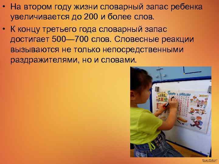  • На втором году жизни словарный запас ребенка увеличивается до 200 и более