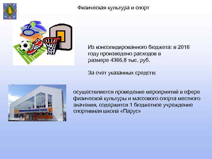 Физическая культура и спорт Из консолидированного бюджета: в 2016 году произведено расходов в размере