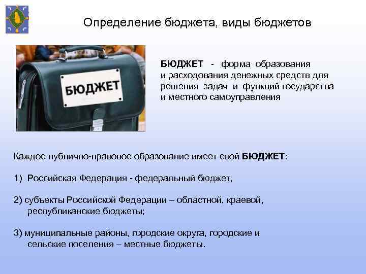 Определение бюджета, виды бюджетов БЮДЖЕТ - форма образования и расходования денежных средств для решения