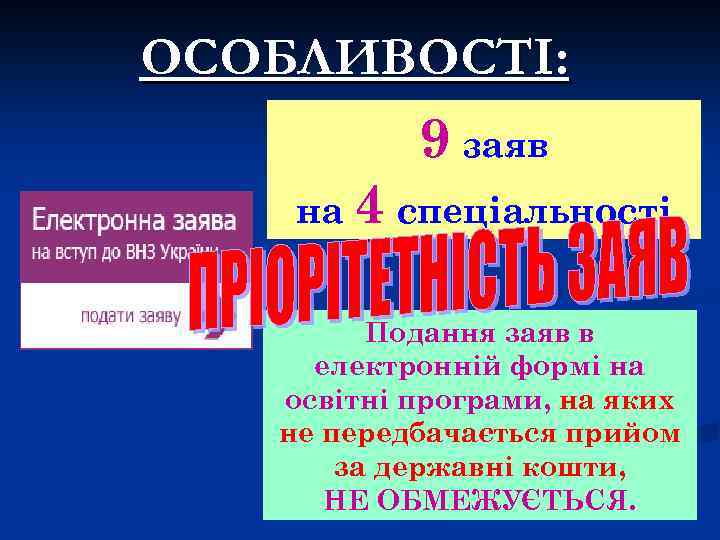 ОСОБЛИВОСТІ: 9 заяв на 4 спеціальності Подання заяв в електронній формі на освітні програми,