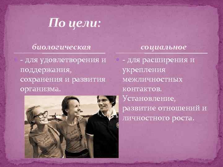По цели: биологическая - для удовлетворения и поддержания, сохранения и развития организма. социальное -
