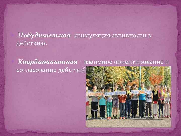  Побудительная- стимуляция активности к действию. Координационная – взаимное ориентирование и согласование действий. 