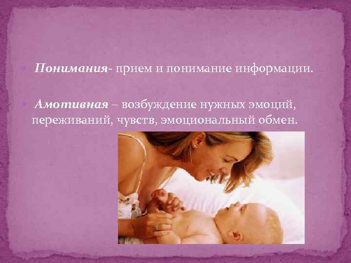  Понимания- прием и понимание информации. Амотивная – возбуждение нужных эмоций, переживаний, чувств, эмоциональный