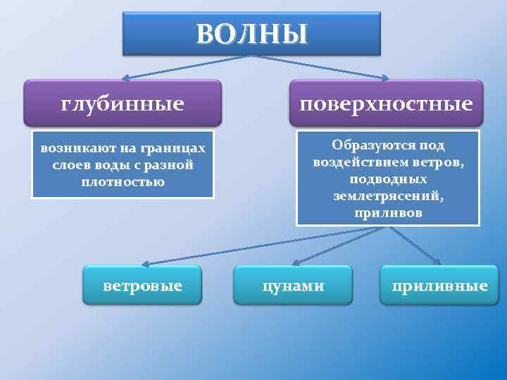 ВОЛНЫ глубинные поверхностные возникают на границах слоев воды с разной плотностью Образуются под воздействием