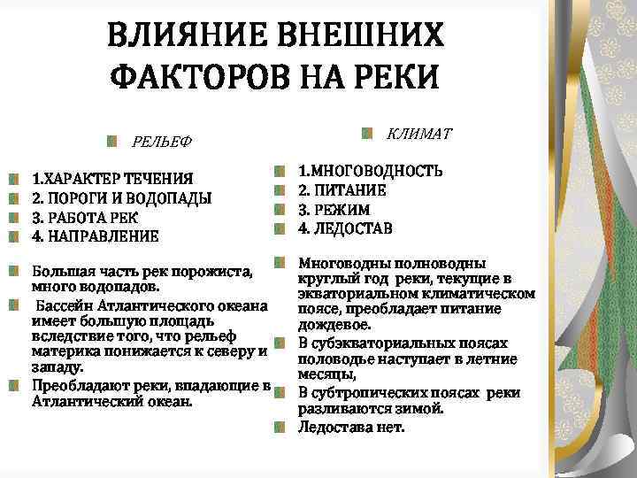 ВЛИЯНИЕ ВНЕШНИХ ФАКТОРОВ НА РЕКИ РЕЛЬЕФ 1. ХАРАКТЕР ТЕЧЕНИЯ 2. ПОРОГИ И ВОДОПАДЫ 3.
