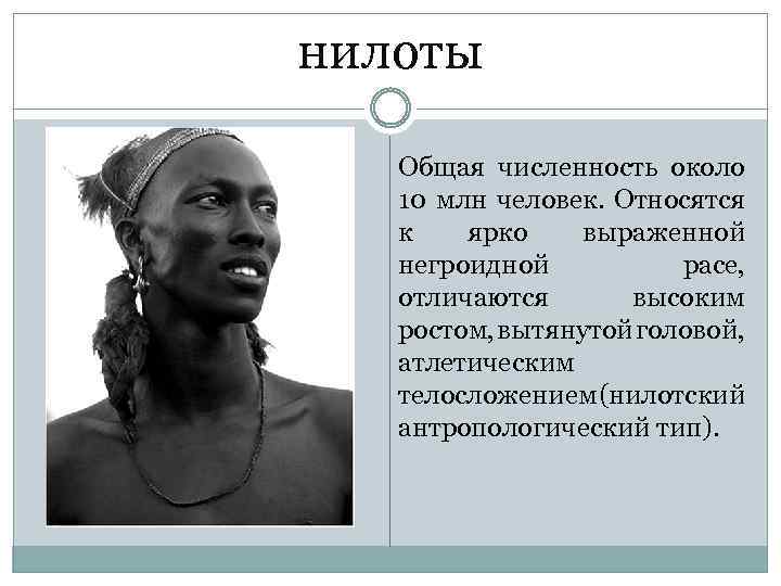 нилоты Общая численность около 10 млн человек. Относятся к ярко выраженной негроидной расе, отличаются