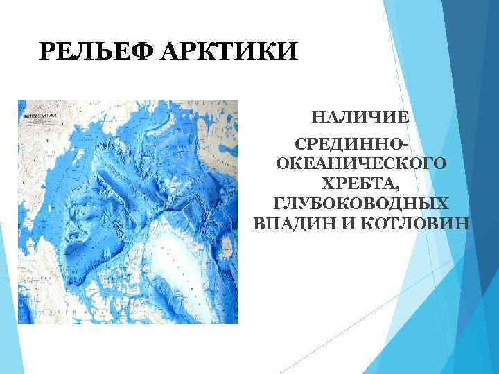 РЕЛЬЕФ АРКТИКИ НАЛИЧИЕ СРЕДИННООКЕАНИЧЕСКОГО ХРЕБТА, ГЛУБОКОВОДНЫХ ВПАДИН И КОТЛОВИН 