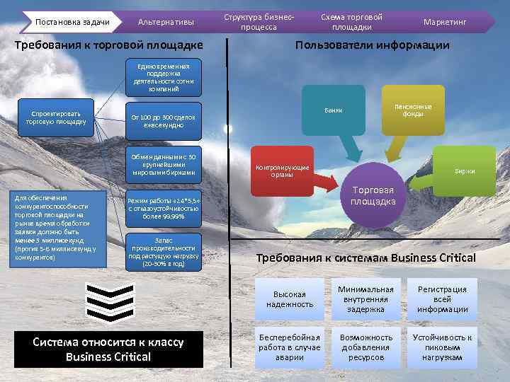 Постановка задачи Альтернативы Требования к торговой площадке Структура бизнеспроцесса Схема торговой площадки Маркетинг Пользователи
