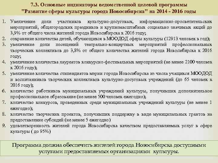 7. 3. Основные индикаторы ведомственной целевой программы "Развитие сферы культуры города Новосибирска" на 2014