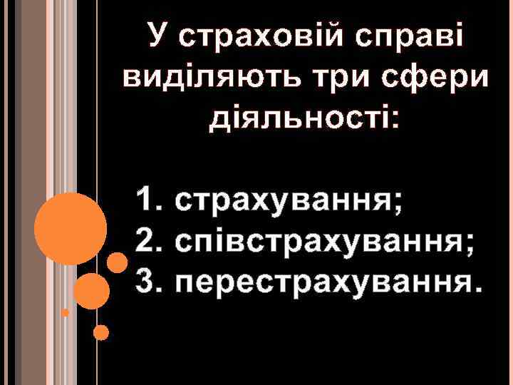У страховій справі виділяють три сфери діяльності: 1. страхування; 2. співстрахування; 3. перестрахування. 