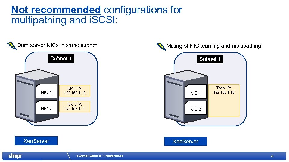 Not recommended configurations for multipathing and i. SCSI: Both server NICs in same subnet