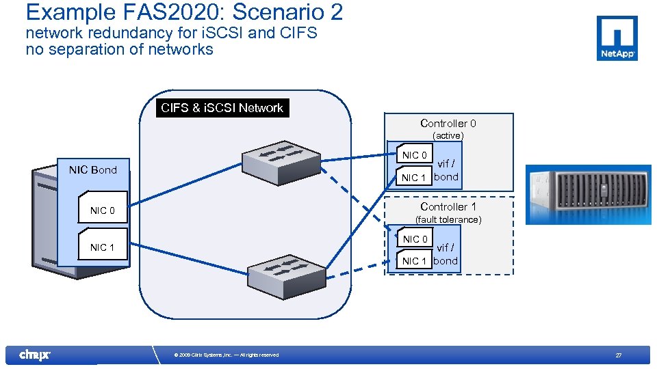 Example FAS 2020: Scenario 2 network redundancy for i. SCSI and CIFS no separation