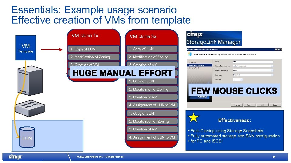 Essentials: Example usage scenario Effective creation of VMs from template VM clone 1 x
