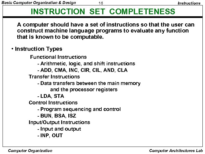 Basic Computer Organization & Design 16 Instructions INSTRUCTION SET COMPLETENESS A computer should have