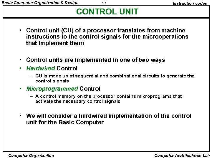 Basic Computer Organization & Design 17 Instruction codes CONTROL UNIT • Control unit (CU)