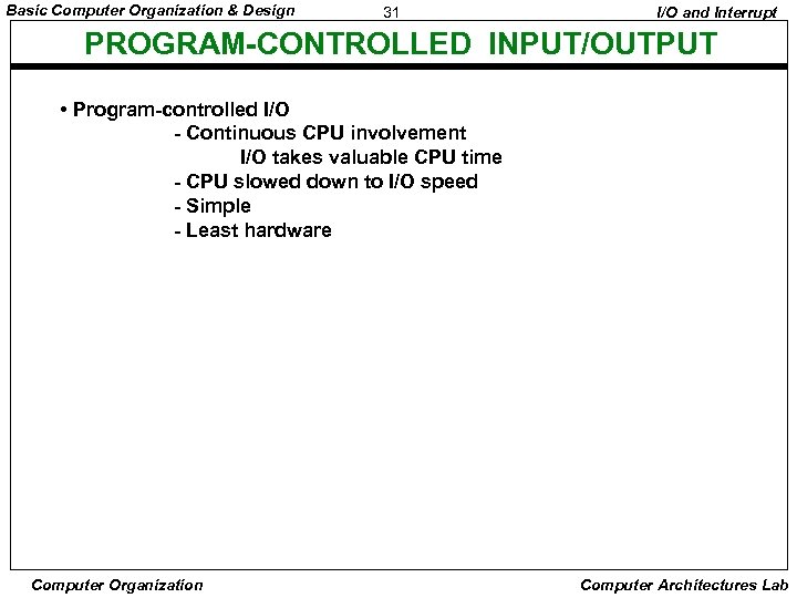 Basic Computer Organization & Design 31 I/O and Interrupt PROGRAM-CONTROLLED INPUT/OUTPUT • Program-controlled I/O