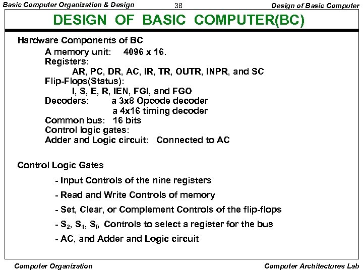 Basic Computer Organization & Design 38 Design of Basic Computer DESIGN OF BASIC COMPUTER(BC)