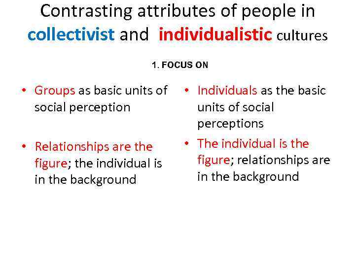 Contrasting attributes of people in collectivist and individualistic cultures 1. FOCUS ON • Groups