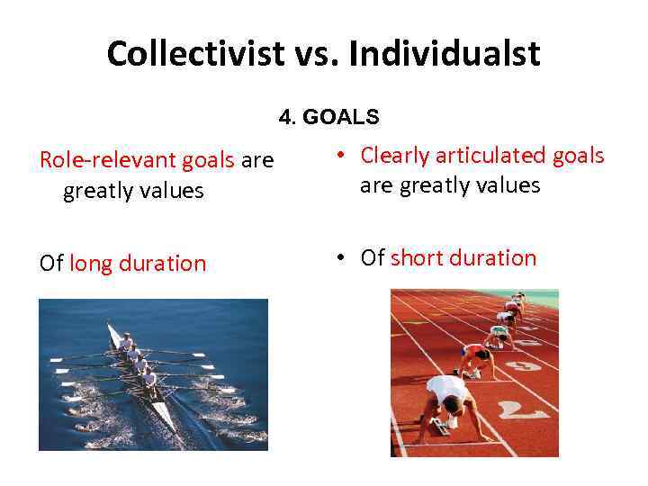 Collectivist vs. Individualst 4. GOALS Role-relevant goals are greatly values • Clearly articulated goals