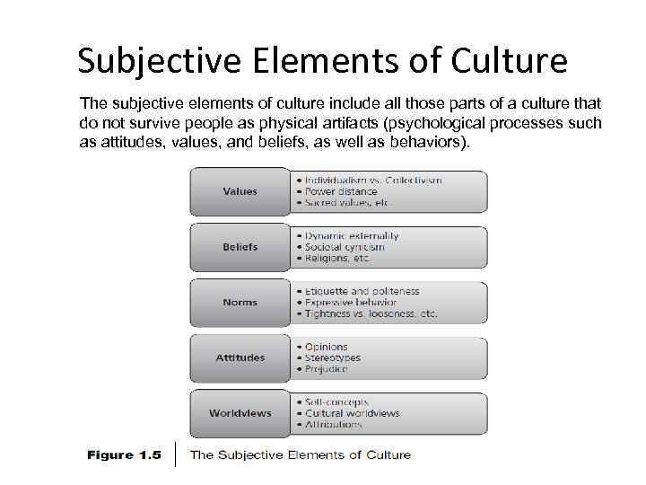 Subjective Elements of Culture The subjective elements of culture include all those parts of