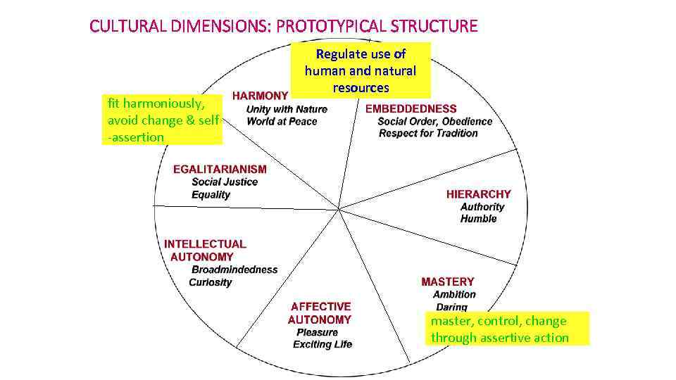 CULTURAL DIMENSIONS: PROTOTYPICAL STRUCTURE fit harmoniously, avoid change & self -assertion Regulate use of