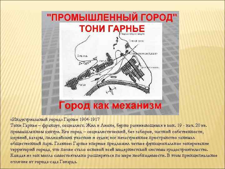 «Индустриальный город» Гарнье 1904 -1917 Тони Гарнье – француз, социалист. Жил в Лионе,