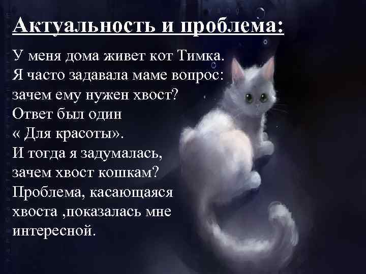 Актуальность и проблема: У меня дома живет кот Тимка. Я часто задавала маме вопрос: