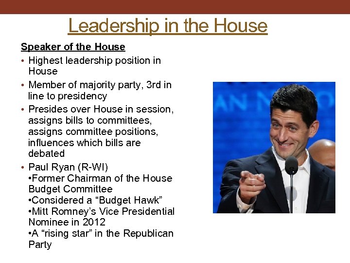 Leadership in the House Speaker of the House • Highest leadership position in House