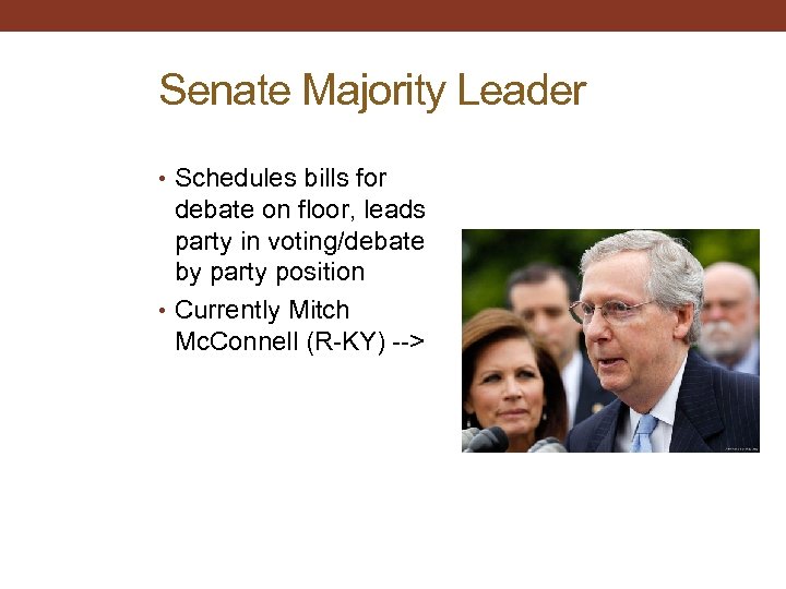 Senate Majority Leader • Schedules bills for debate on floor, leads party in voting/debate