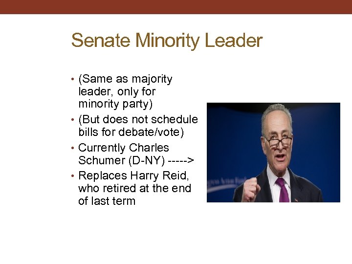 Senate Minority Leader • (Same as majority leader, only for minority party) • (But