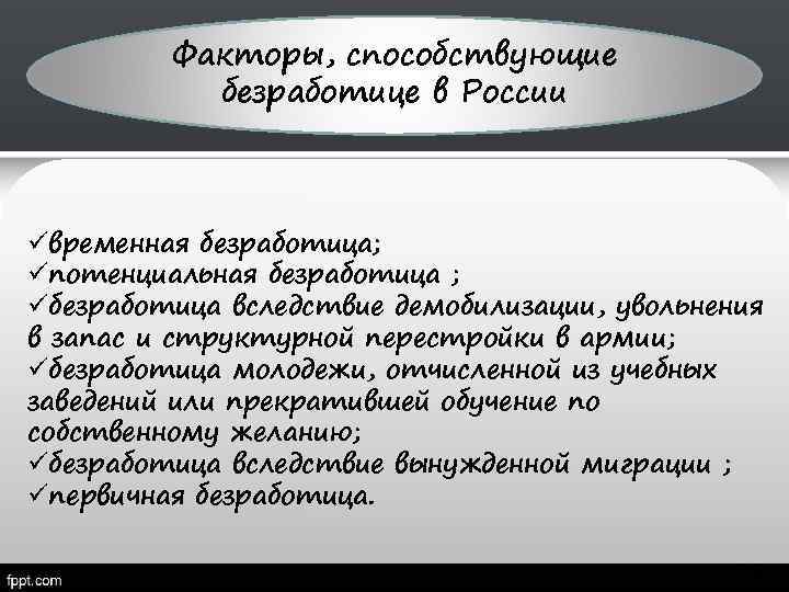 Факторы, способствующие безработице в России üвременная безработица; üпотенциальная безработица ; üбезработица вследствие демобилизации, увольнения