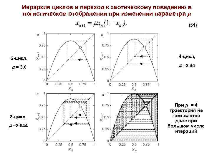 Иерархия циклов и переход к хаотическому поведению в логистическом отображении при изменении параметра (51)