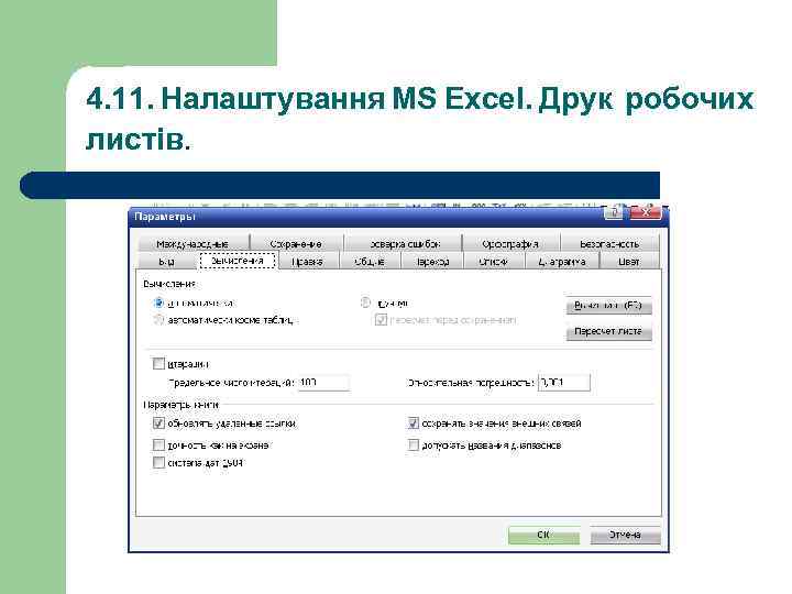 4. 11. Налаштування MS Excel. Друк робочих листів. 